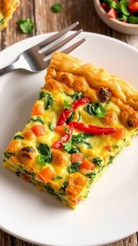 A slice of crustless vegetable quiche with spinach and bell peppers on a plate, garnished with herbs.